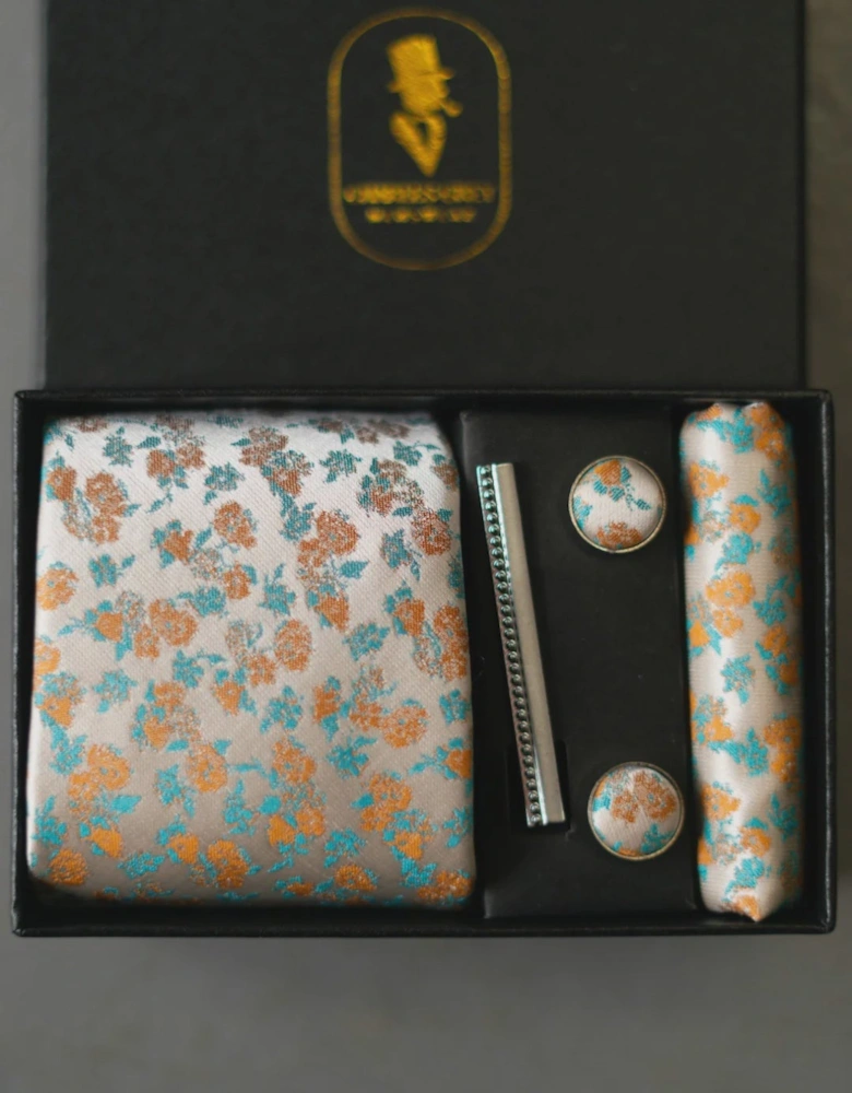 Floral Tie, Pocket Square, Cuff Link & Tie Clip Set - Orange, Turquoise & Beige