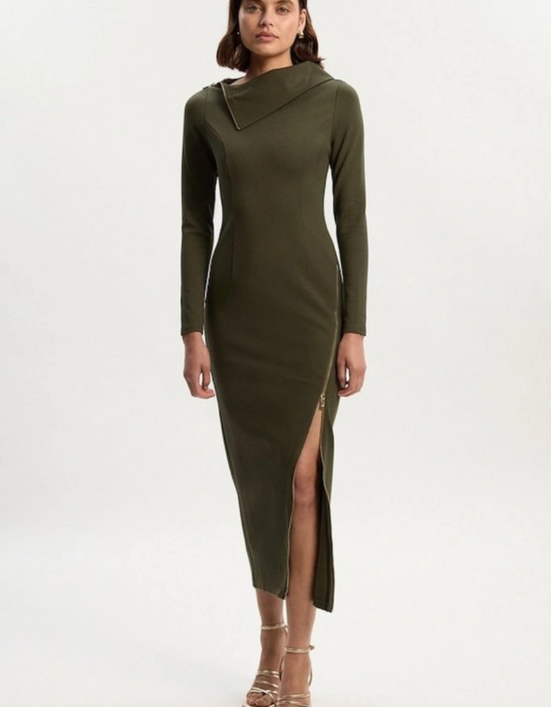 Ponte Envelope Neck Dress With Zip Split Detail