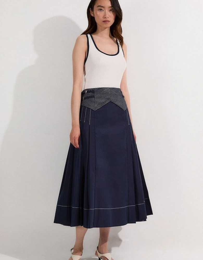 Cotton Poplin Top Stitch Detail Woven Pleat Skirt