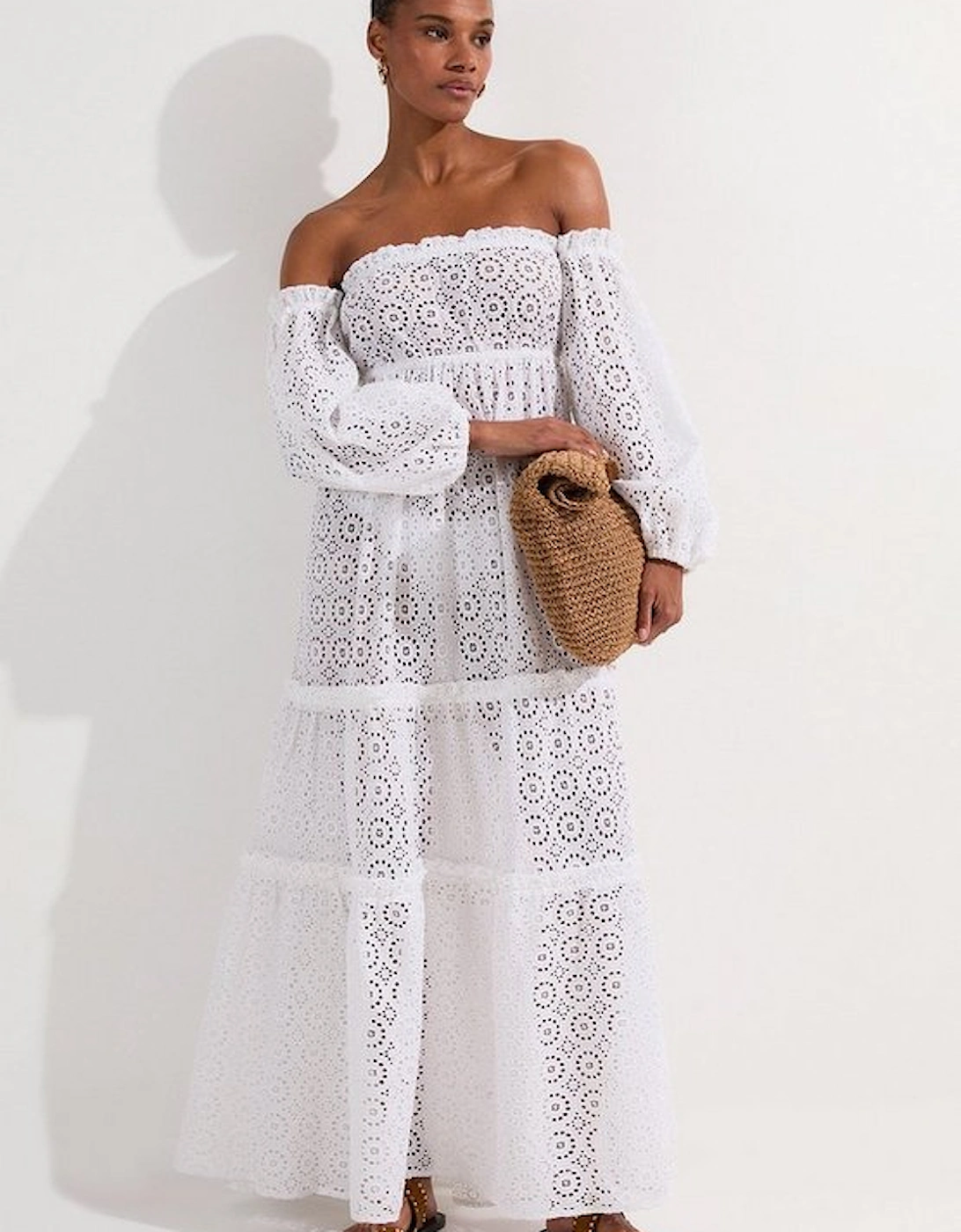 Off Shoulder Broderie Maxi Beach Woven Dress, 5 of 4