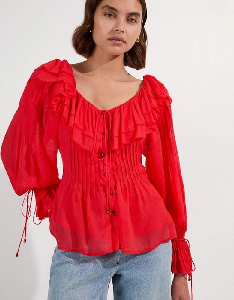 Crinkle Viscose Georgette Pin Tuck Detail Ruffle Woven Blouse