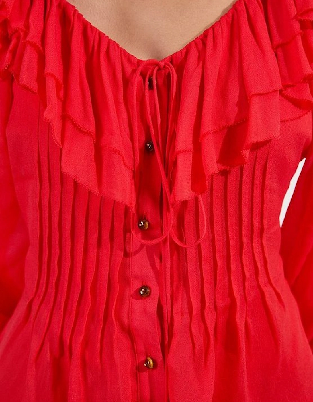 Crinkle Viscose Georgette Pin Tuck Detail Ruffle Woven Blouse