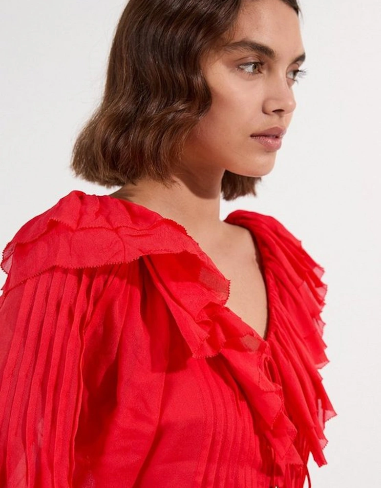 Crinkle Viscose Georgette Pin Tuck Detail Ruffle Woven Blouse