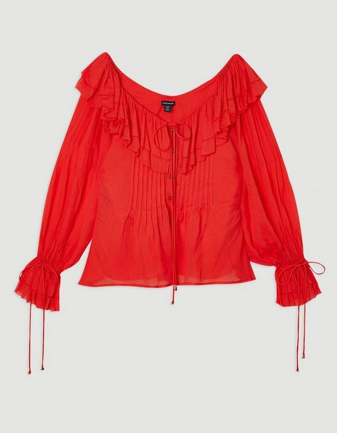 Crinkle Viscose Georgette Pin Tuck Detail Ruffle Woven Blouse