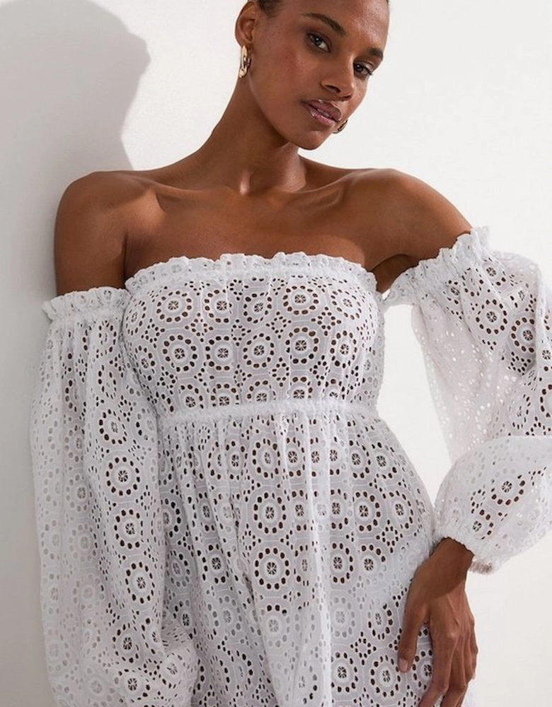 Off Shoulder Broderie Maxi Beach Woven Dress