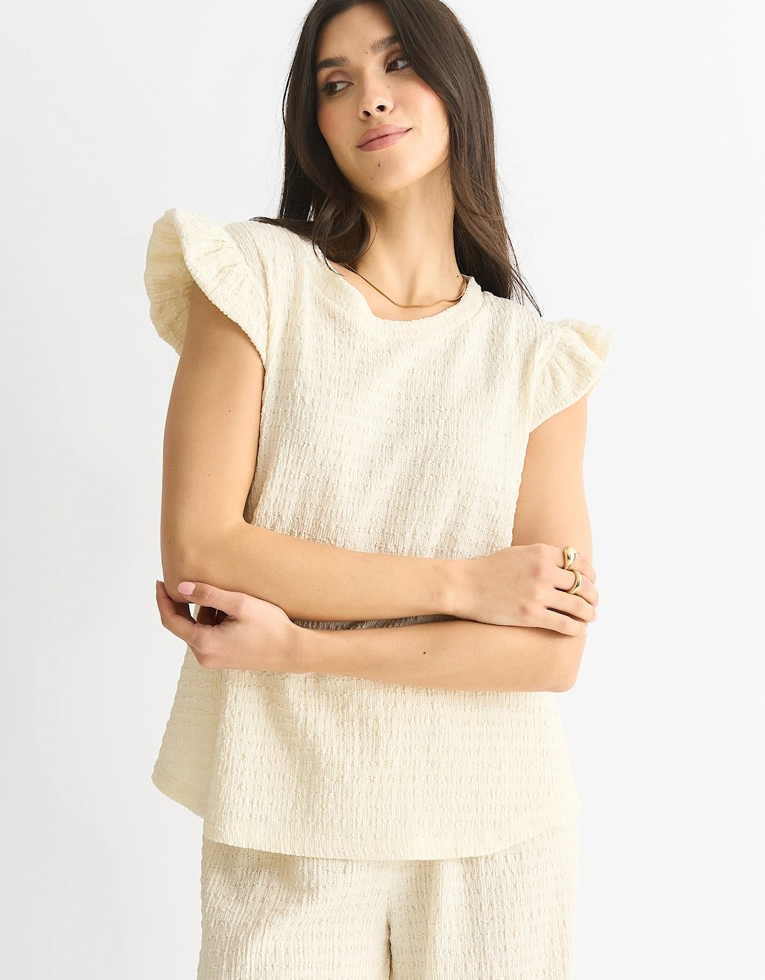 Gini London Gini London Women's Ivory Frill Sleeves Textured Oversized Top - Tan
