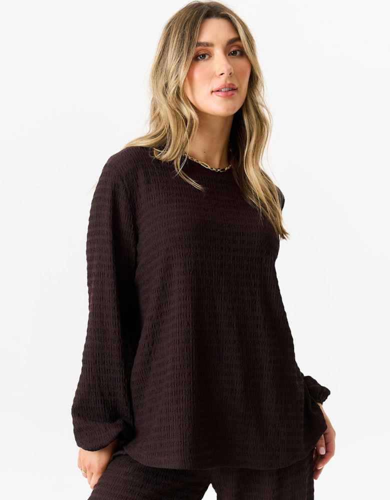 Chocolate Textured Long Sleeves Oversized Top