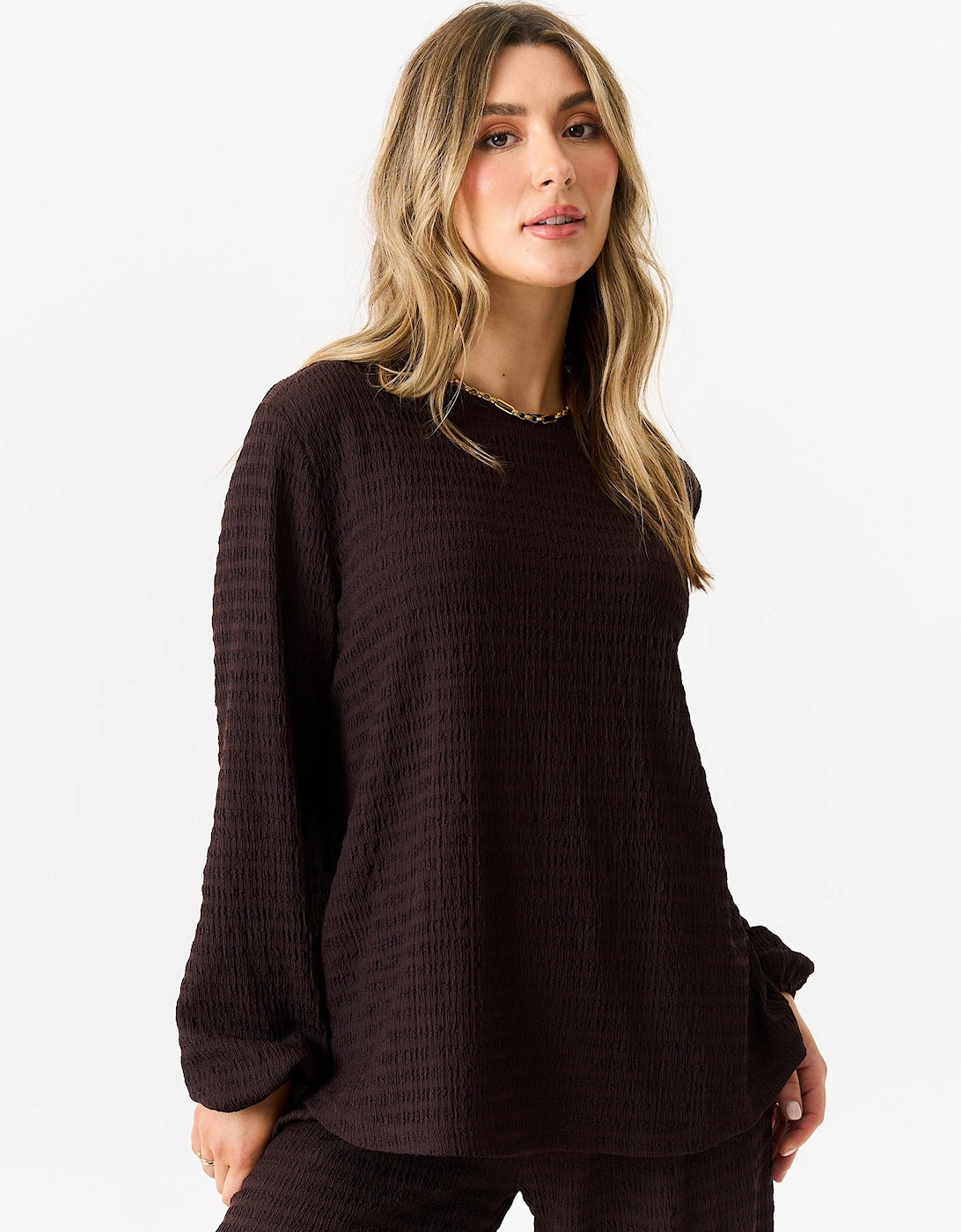 Chocolate Textured Long Sleeves Oversized Top, 5 of 4
