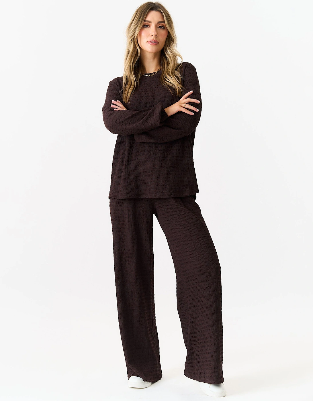 Chocolate Textured Long Sleeves Oversized Top