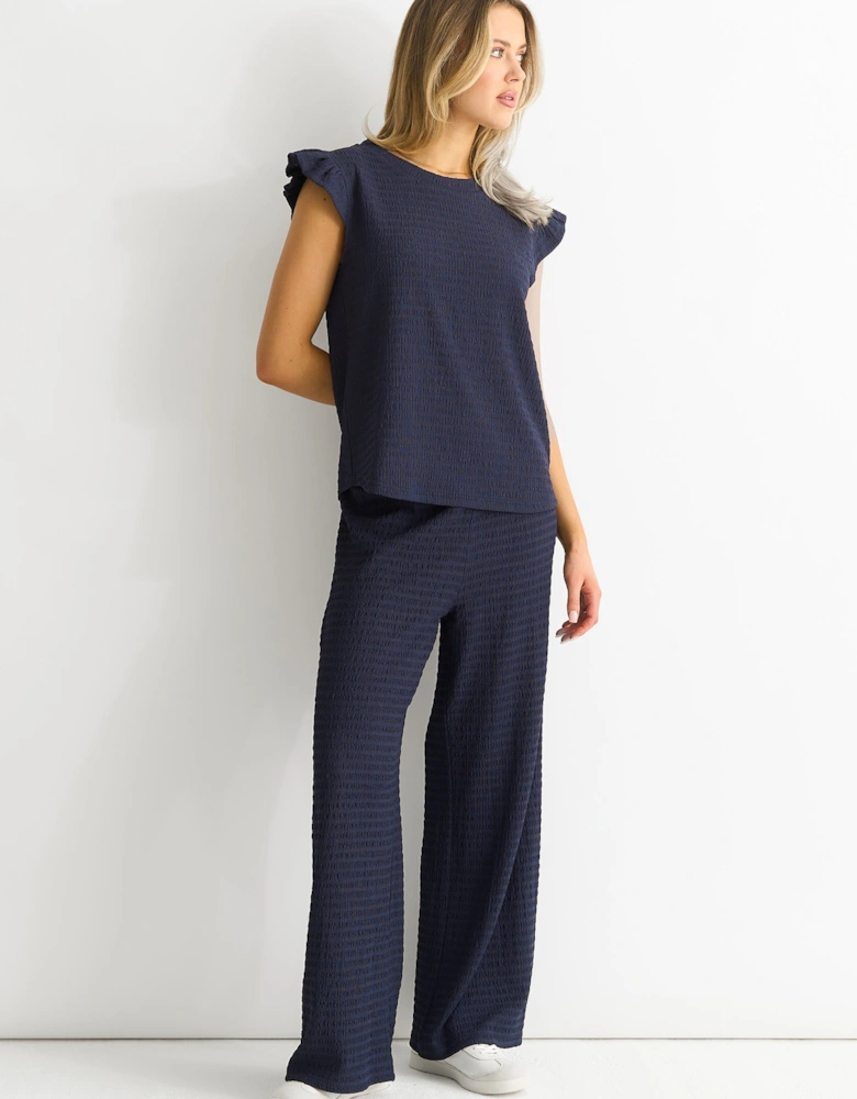 Dark Blue  Frill Sleeves Textured Oversized Top