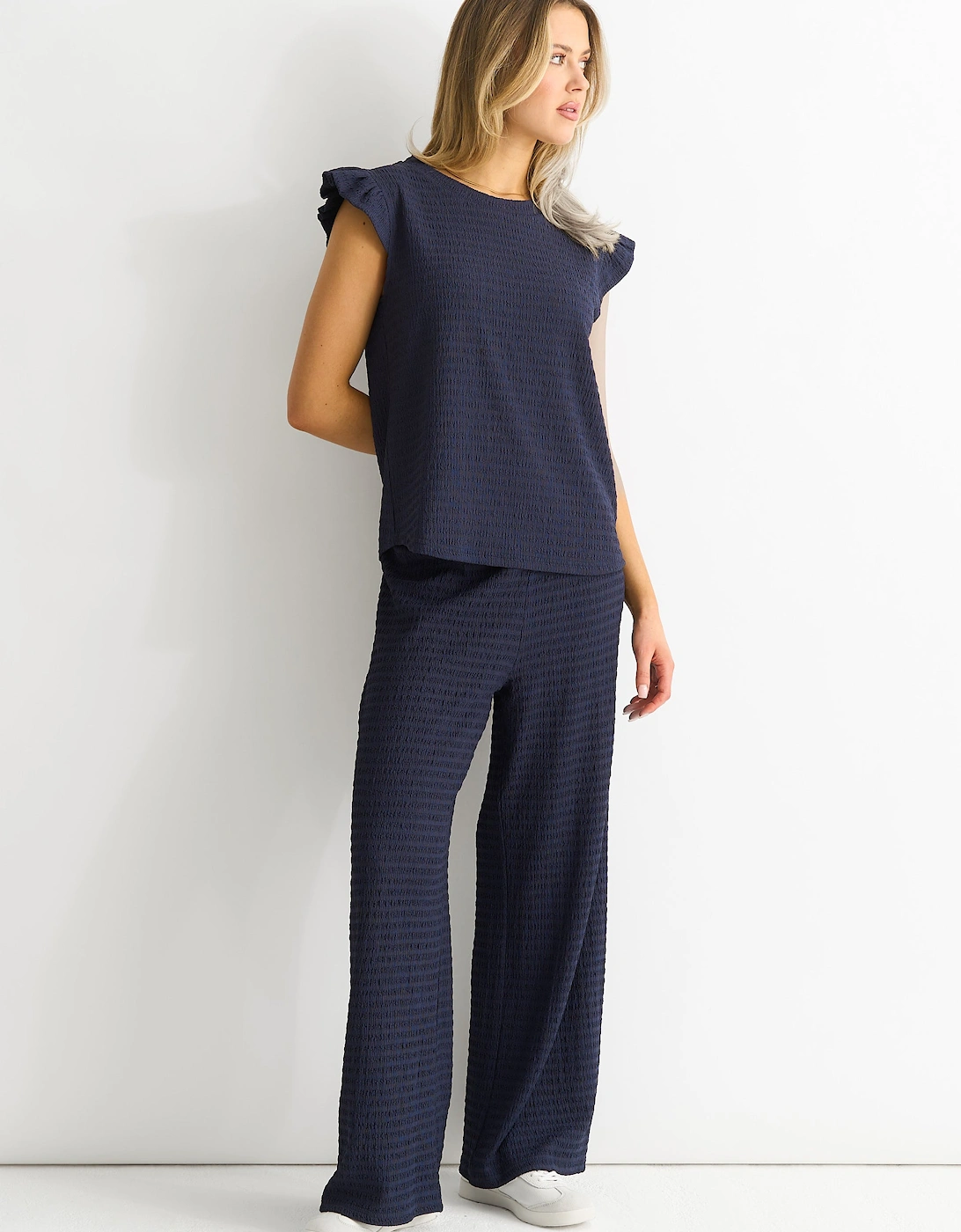 Dark Blue  Frill Sleeves Textured Oversized Top