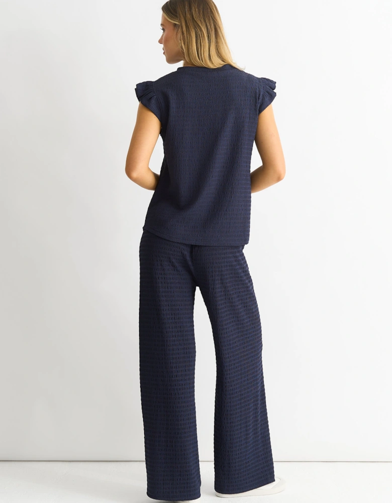 Dark Blue  Frill Sleeves Textured Oversized Top
