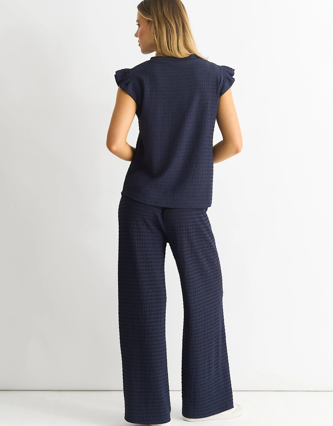 Dark Blue  Frill Sleeves Textured Oversized Top