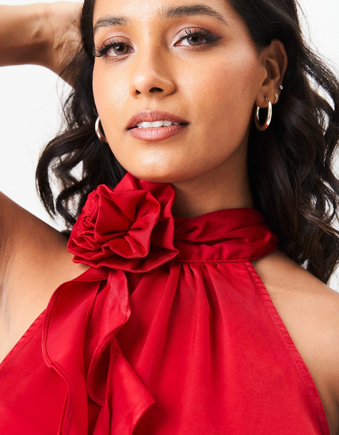 Red Corsage Frill Halter Neck Top