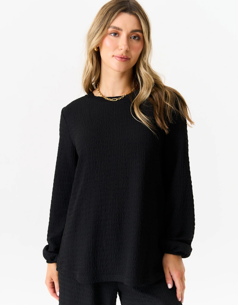 Black Textured Long Sleeves Oversized Top