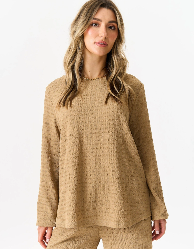 Camel Textured Long Sleeves Oversized Top