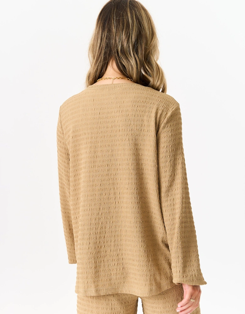 Camel Textured Long Sleeves Oversized Top