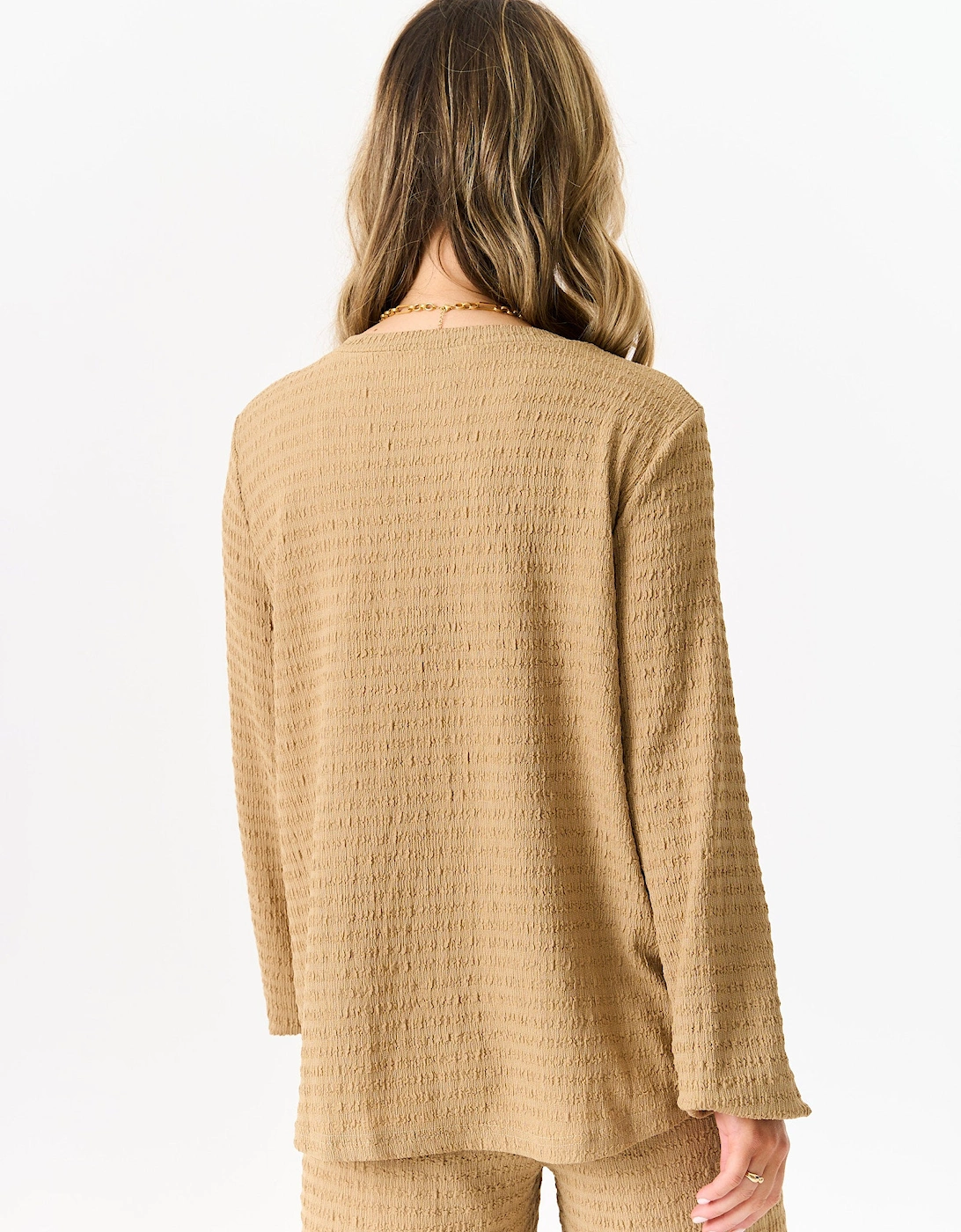 Camel Textured Long Sleeves Oversized Top