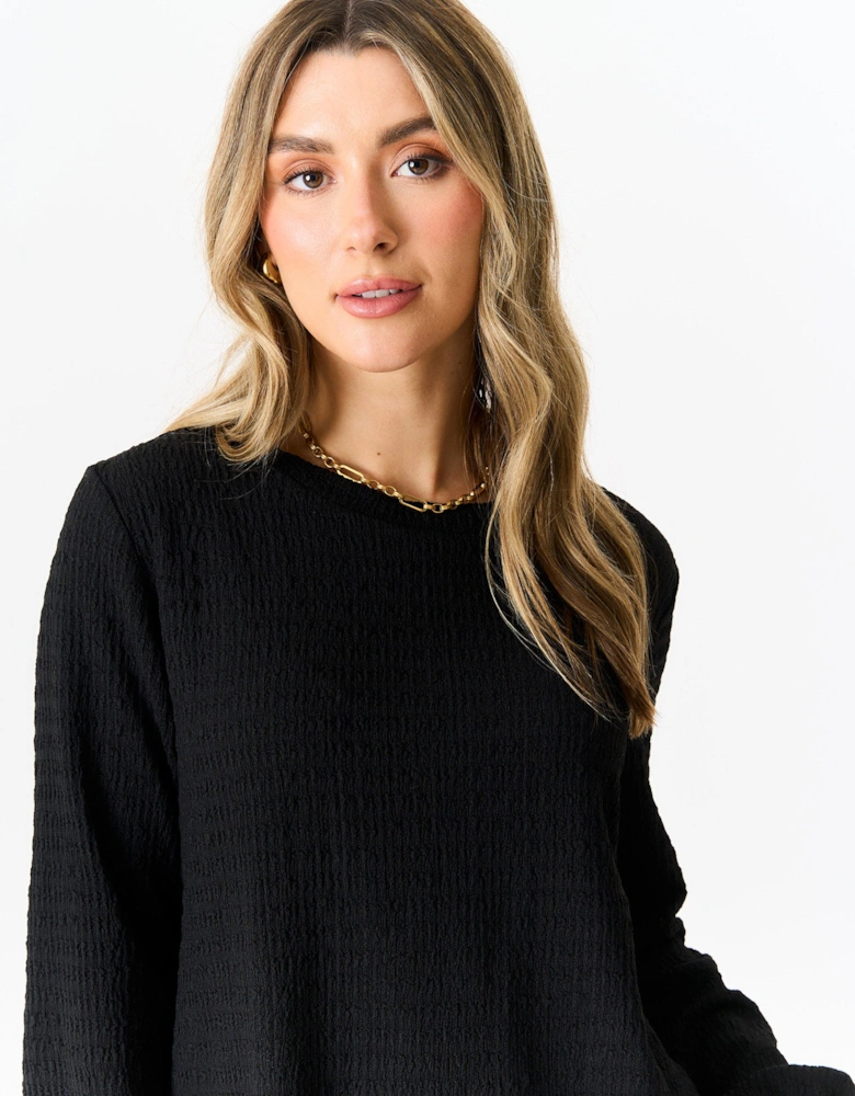 Black Textured Long Sleeves Oversized Top