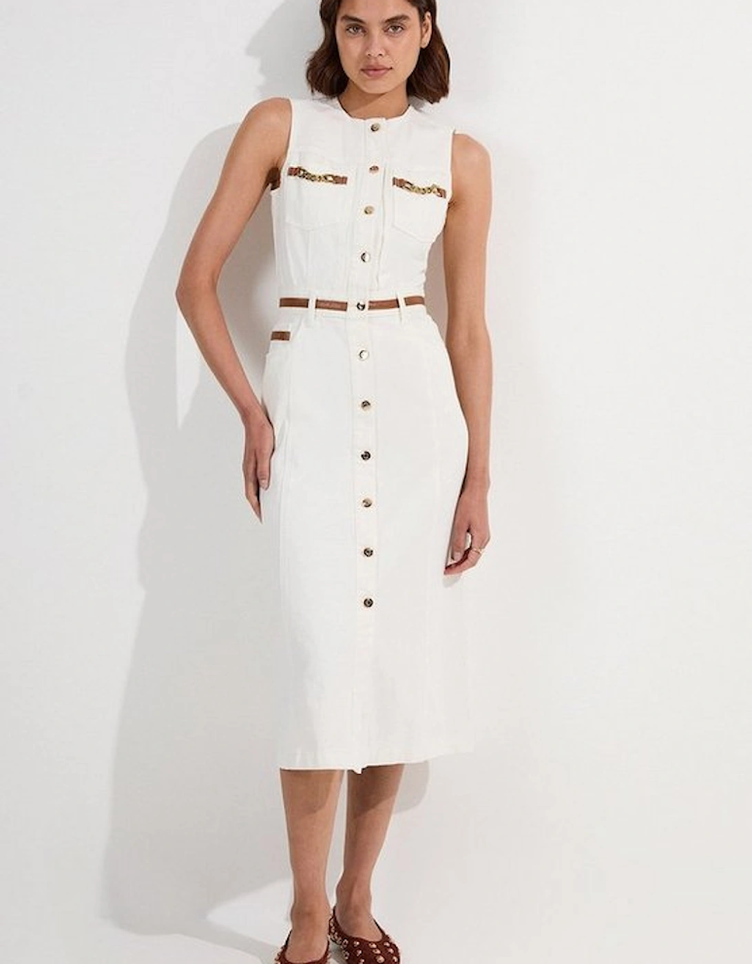 Denim & Faux Leather Tipping Sleeveless Midi Dress, 2 of 1