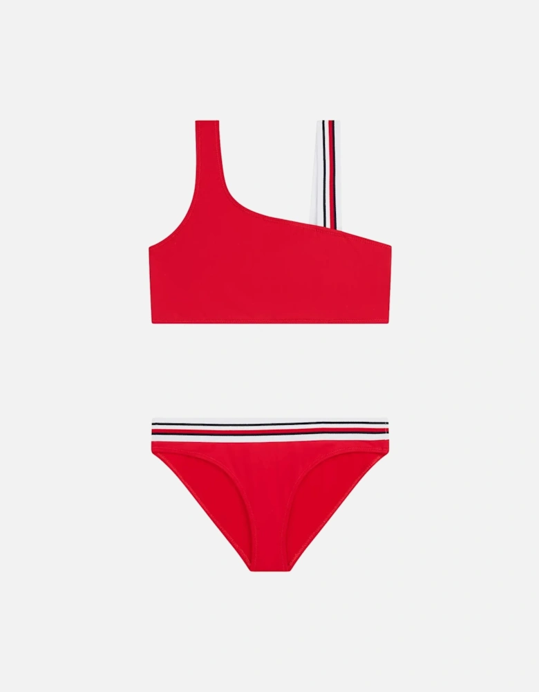 Girls Global Stripe One Shoulder Bikini Set, Red
