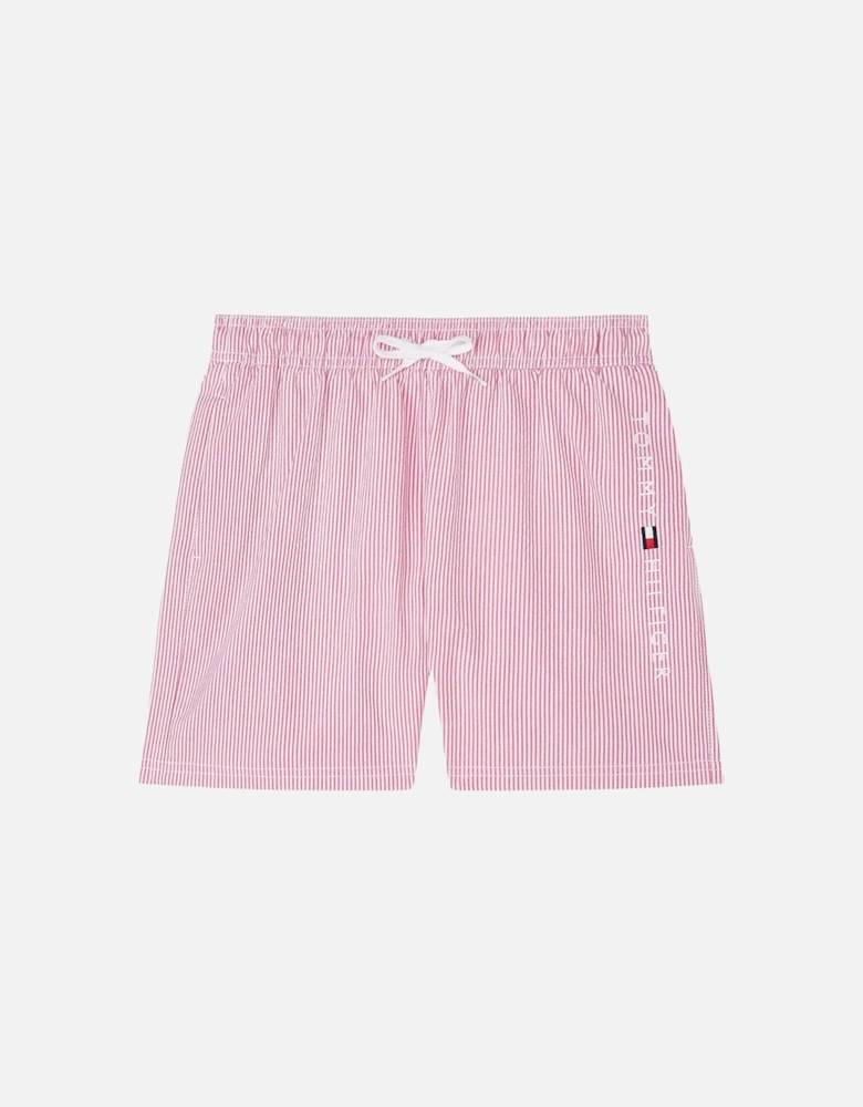 Boys Original Ithaca Stripe Mid Length Swim Shorts, Ithaca White & Medium Red