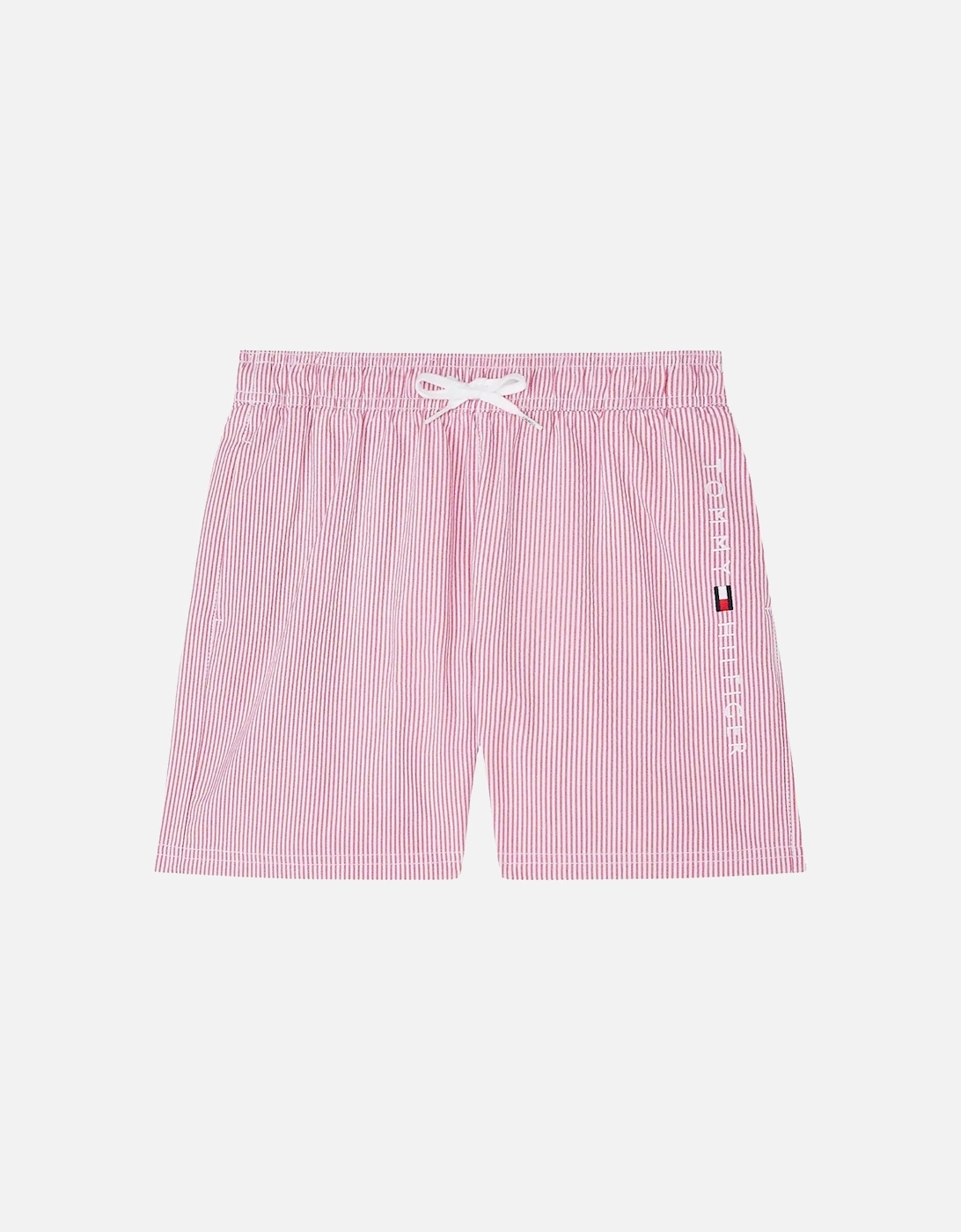 Boys Original Ithaca Stripe Mid Length Swim Shorts, Ithaca White & Medium Red, 3 of 2