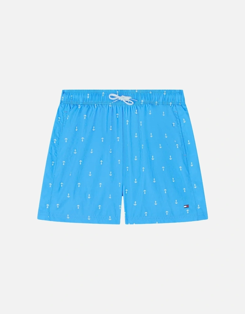 Boys Print Mid Length Swim Shorts, Anchor Blue Spell