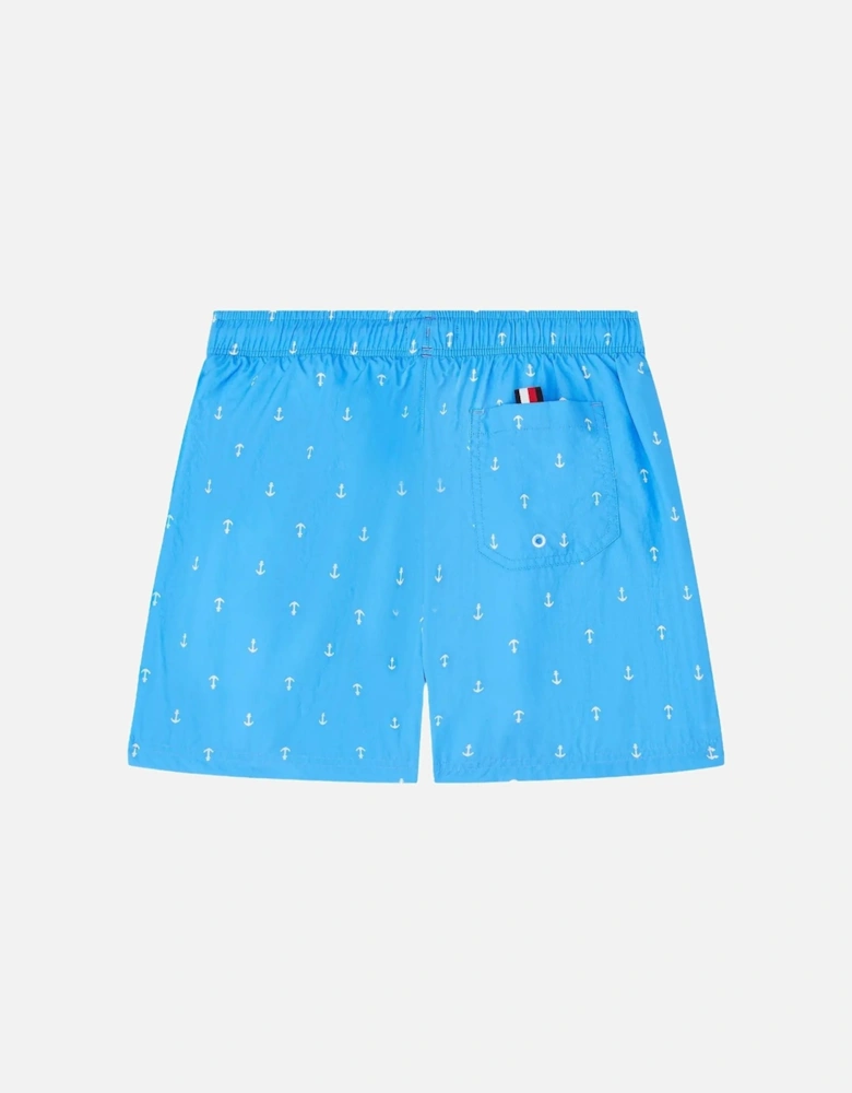 Boys Print Mid Length Swim Shorts, Anchor Blue Spell