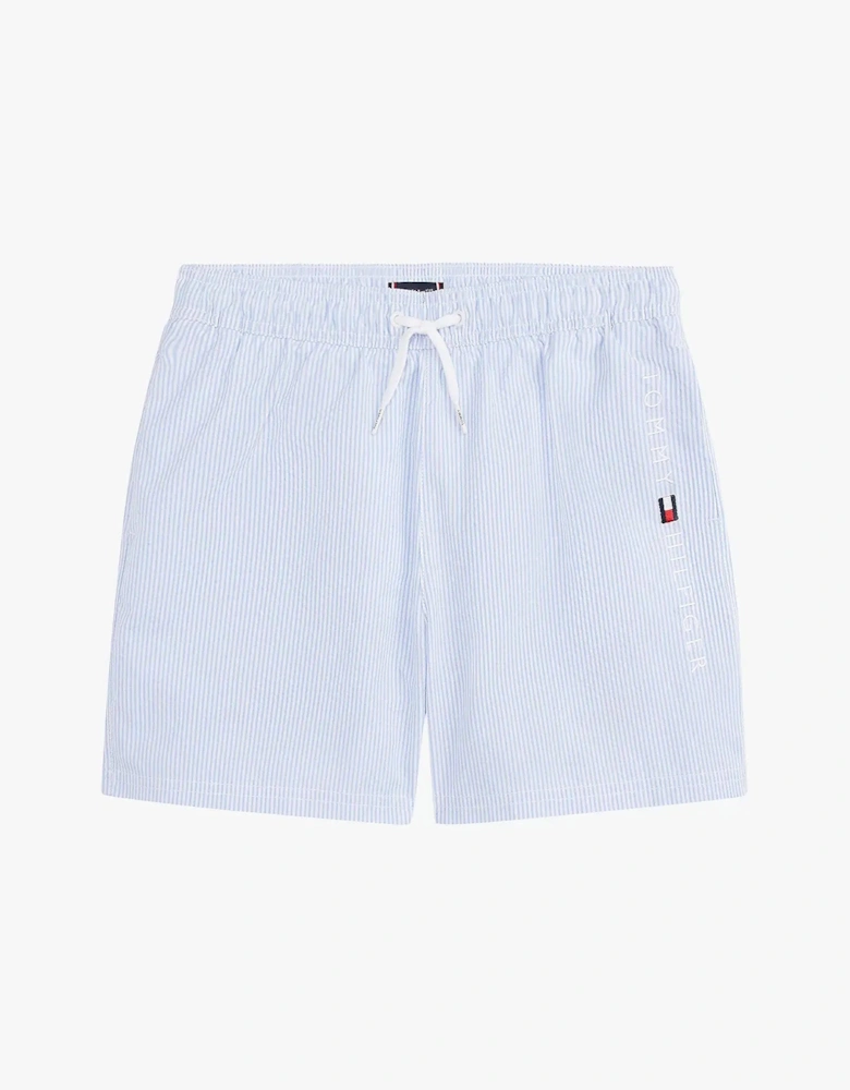 Boys Original Ithaca Stripe Mid Length Swim Shorts, Ithaca White & Sweet Blue