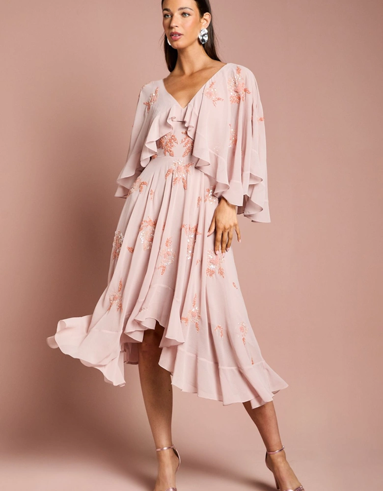 Embellished Frill Cape Midi Dress