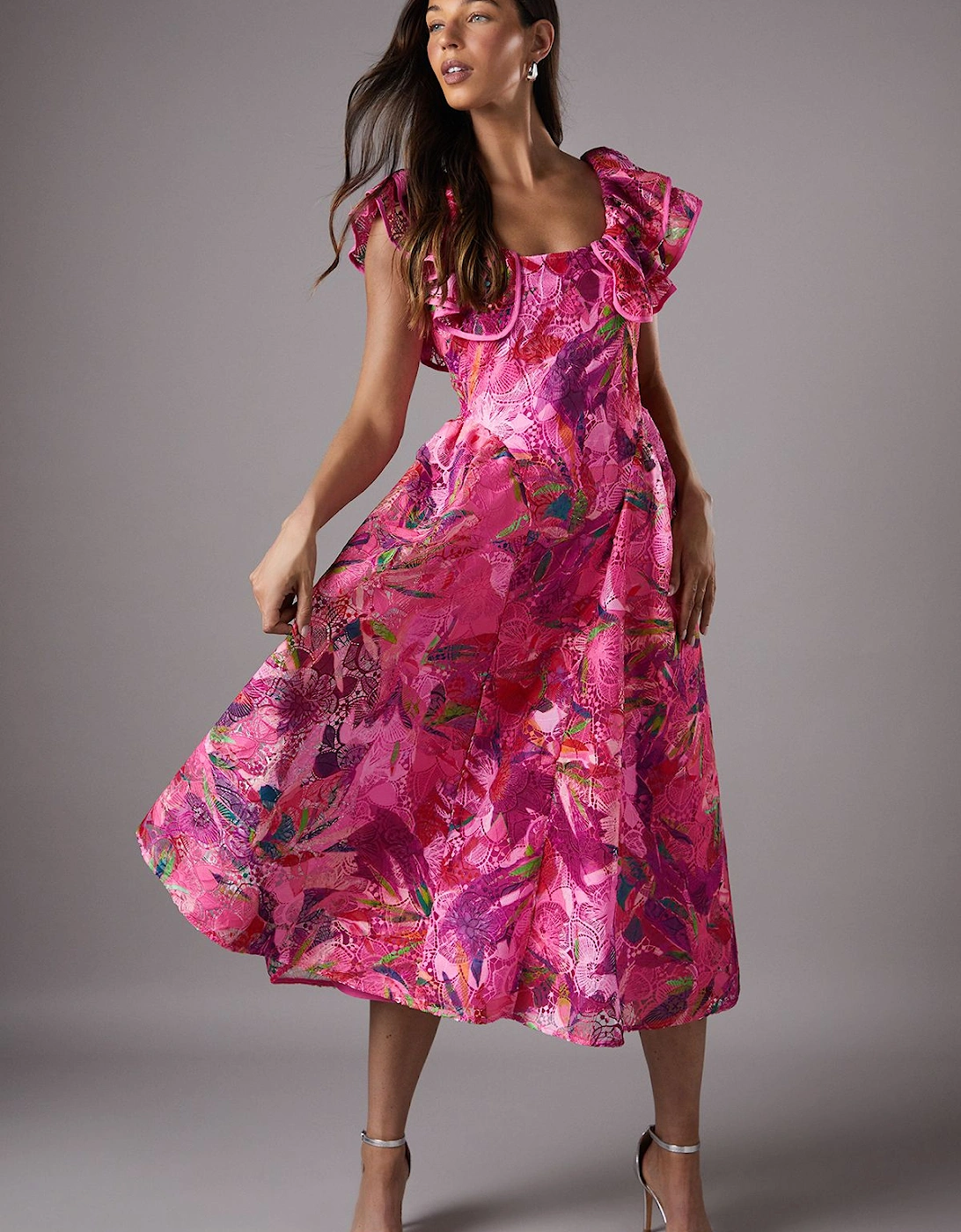 Printed Broderie Frill Sleeve Midi Holiday Dress, 2 of 1