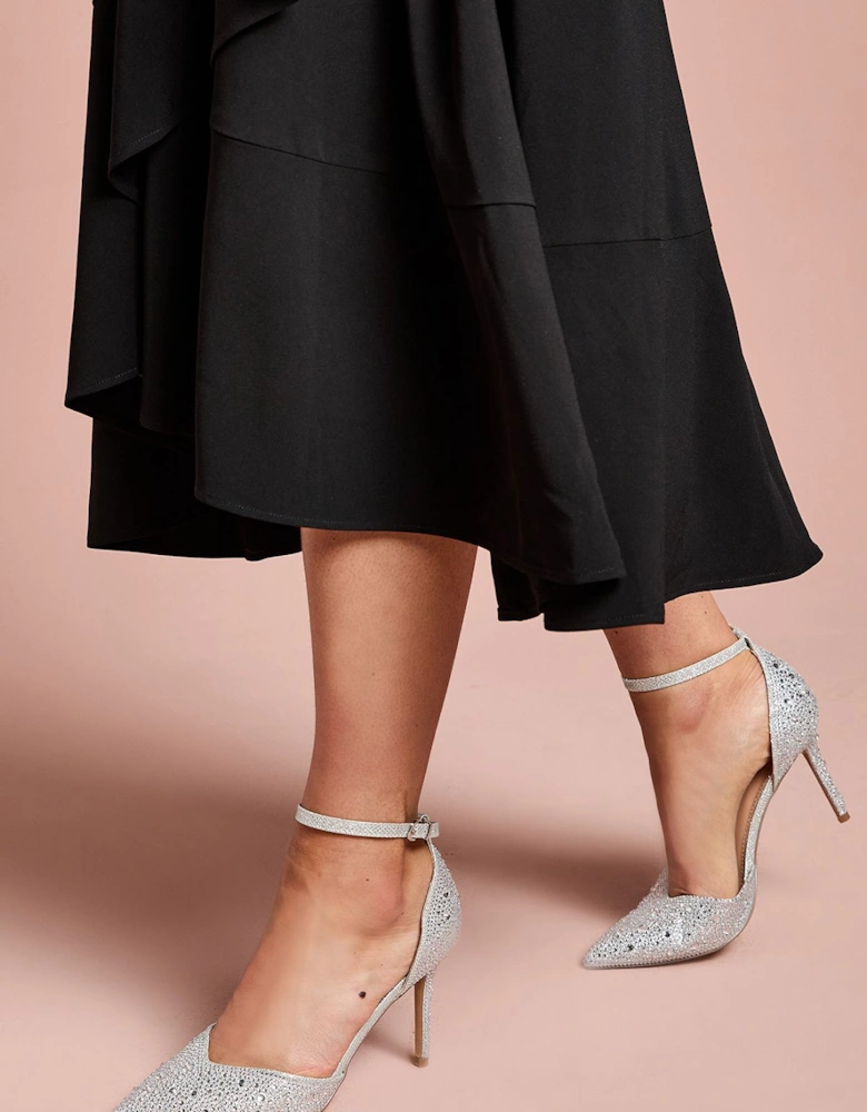 Wide Fit Tanisha Diamante Ankle Strap High Stiletto Court Shoes