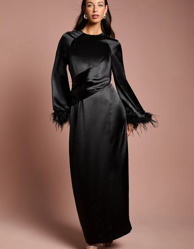Feather Trim Satin Maxi Dress