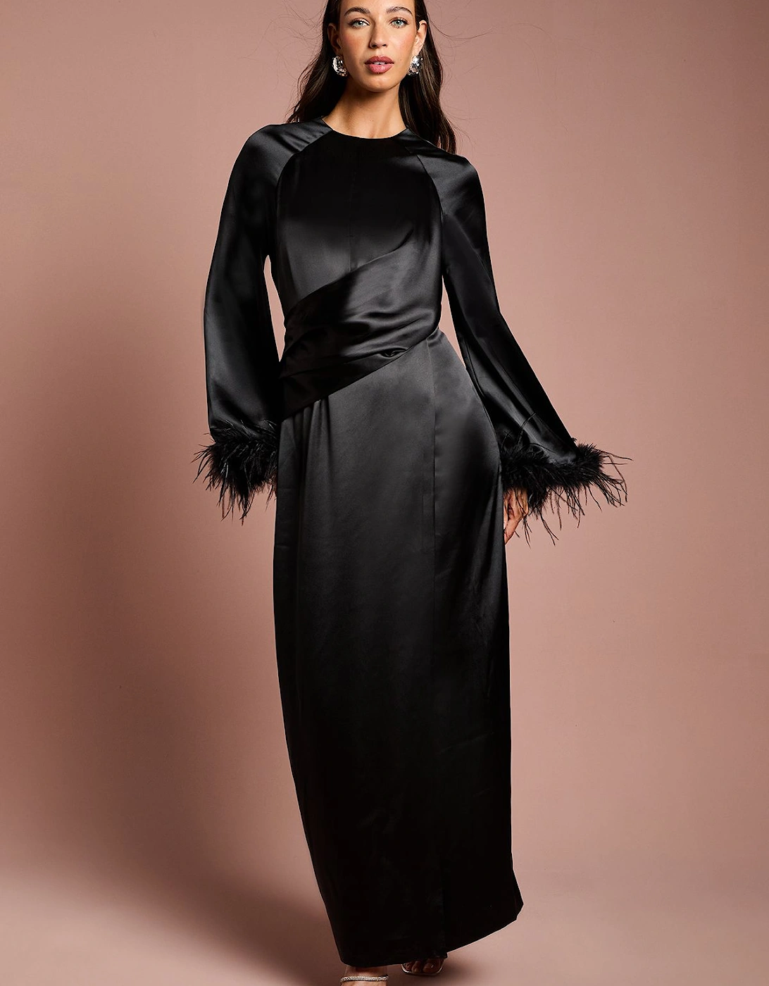 Feather Trim Satin Maxi Dress, 2 of 1