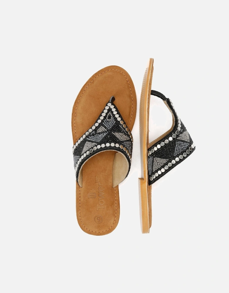 Tower London Wide Vamp Toepost Women's Black Metallic Sandals