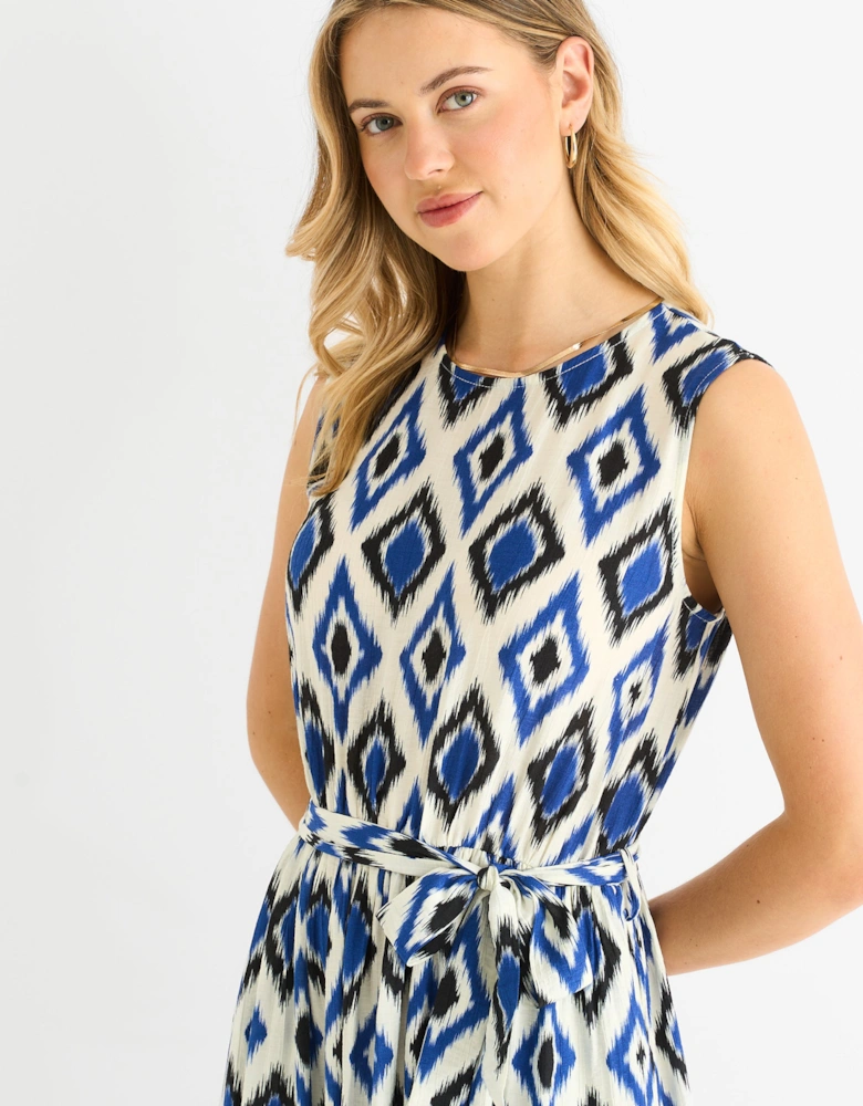 Blue Geo Print Elasticated Waist Midaxi Dress