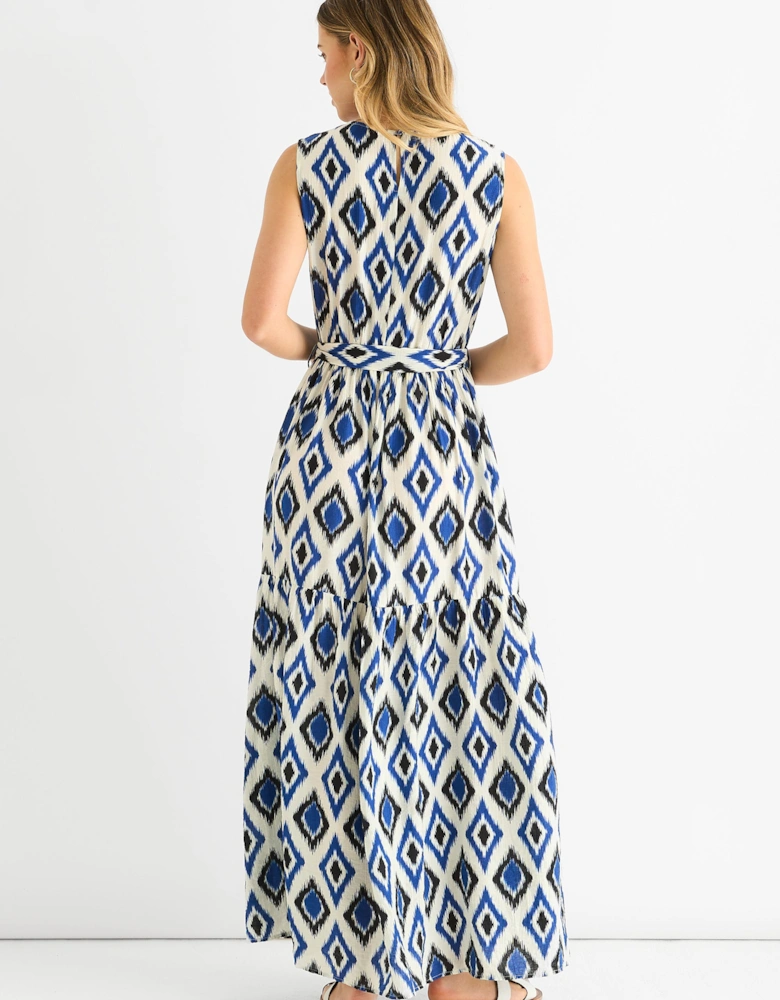 Blue Geo Print Elasticated Waist Midaxi Dress