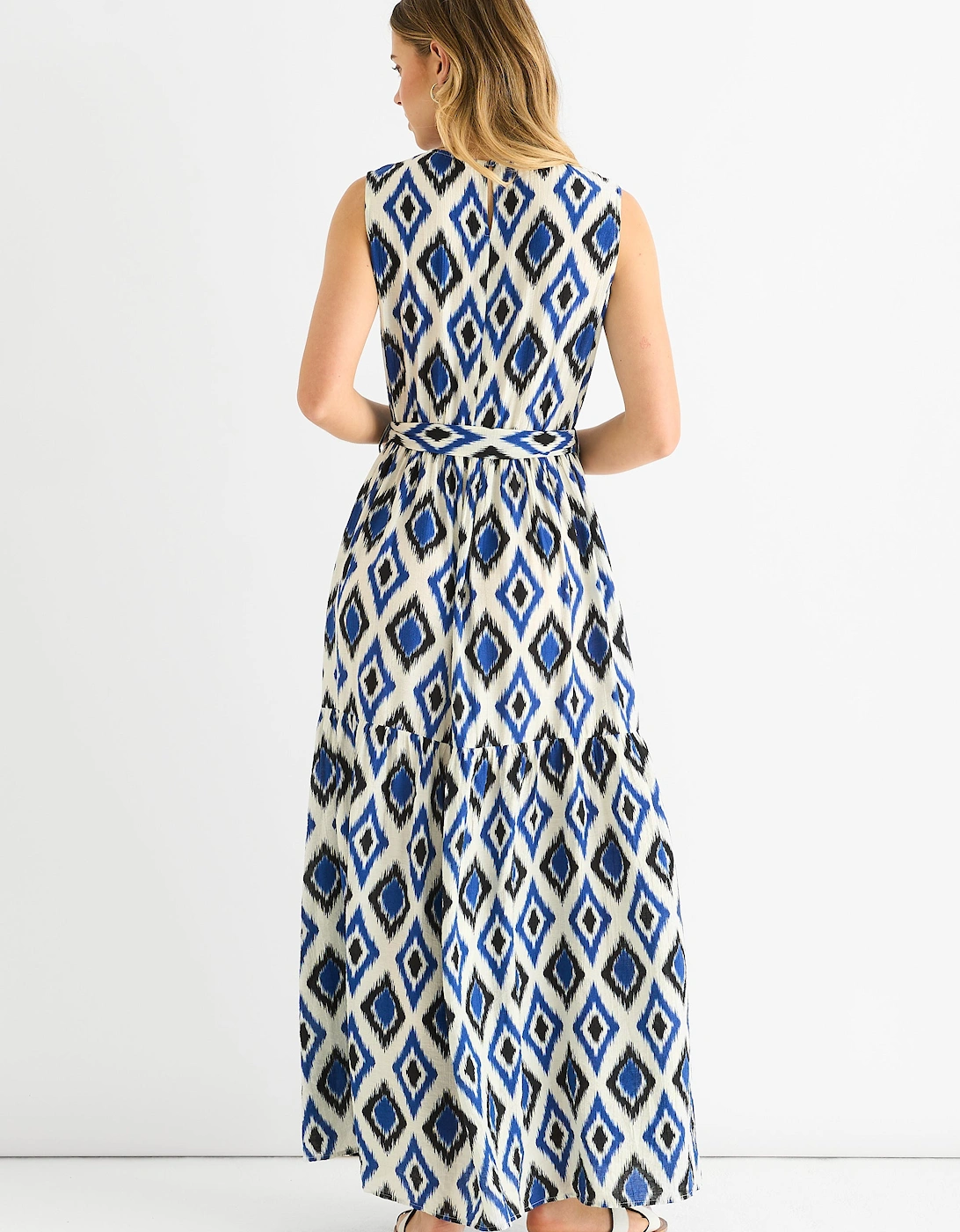 Blue Geo Print Elasticated Waist Midaxi Dress