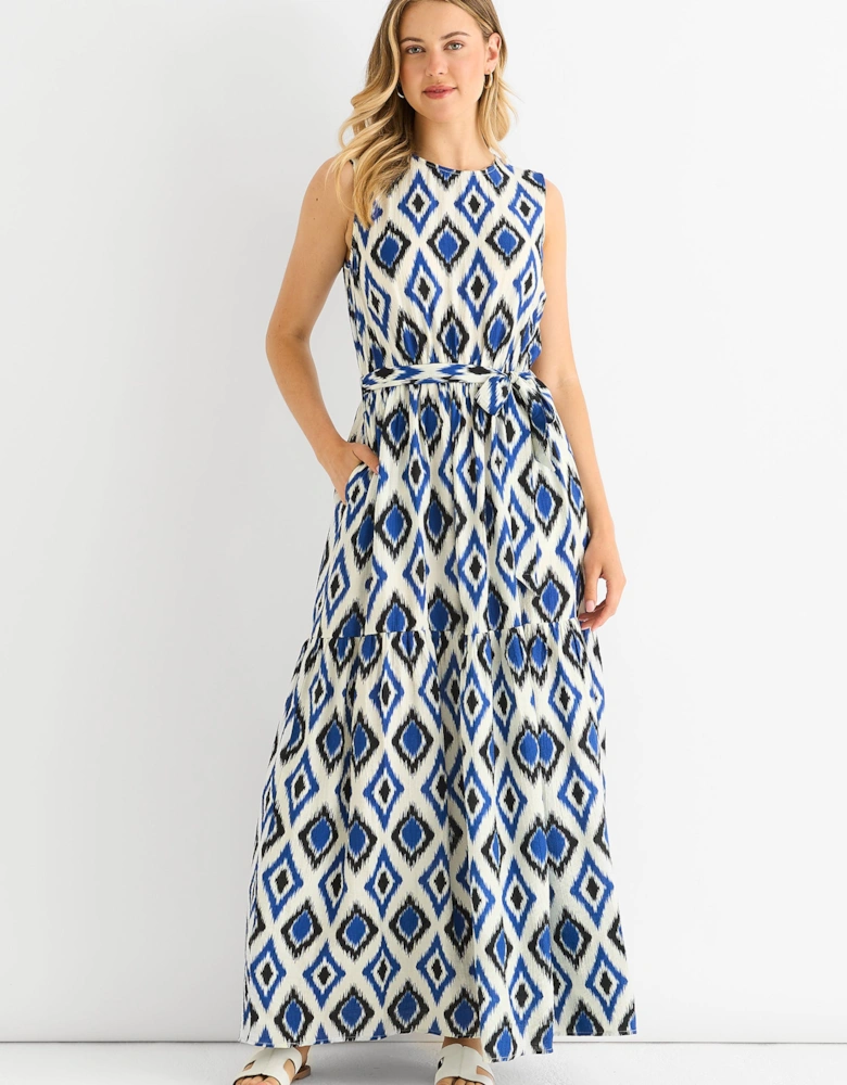 Blue Geo Print Elasticated Waist Midaxi Dress