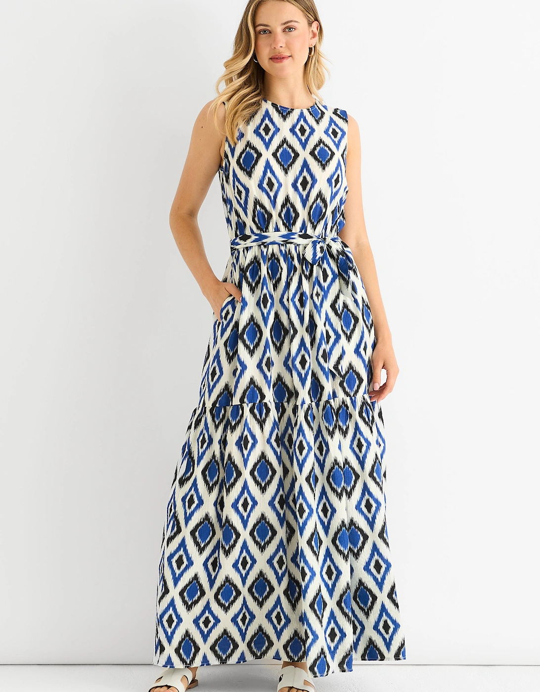 Gini London Women's Blue Geo Print Elasticated Waist Midaxi Dress - Size: 14