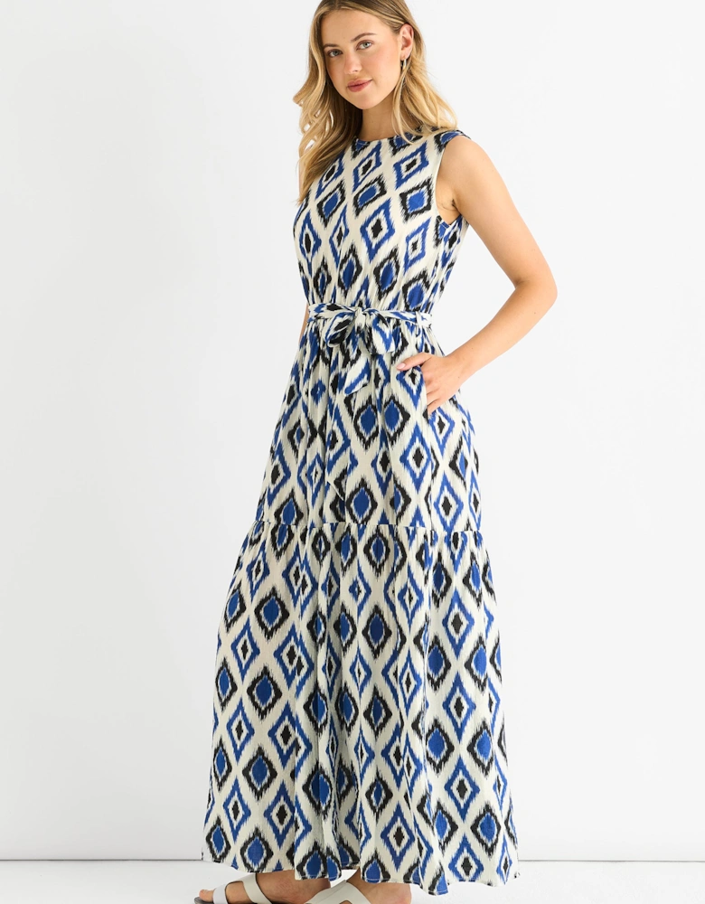 Blue Geo Print Elasticated Waist Midaxi Dress