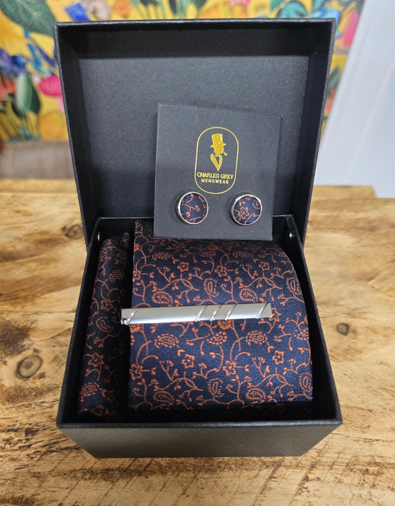 Tie, Pocket Square, Cuff Link & Tie Clip Set - Navy & Rust