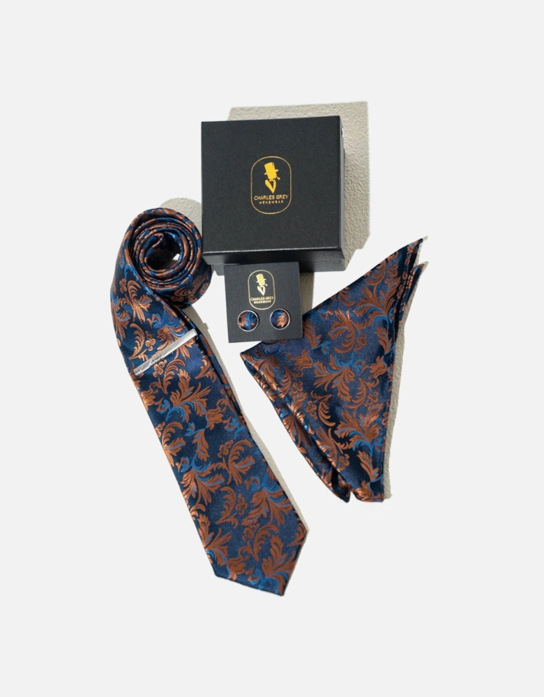 Floral Tie, Pocket Square, Cuff Link & Tie Clip Set - Navy & Copper