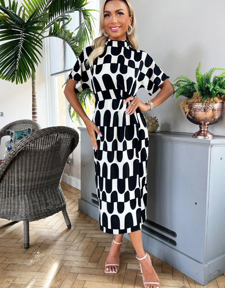 Black And White Halterneck Tie Waist Midi Dress