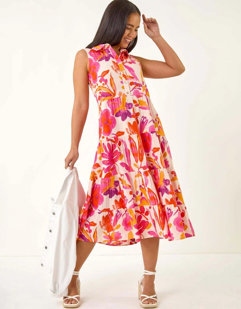 Petite Floral Contrast Tiered Collar Dress - Pink
