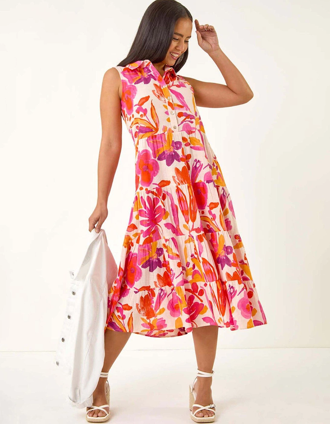 Petite Floral Contrast Tiered Collar Dress - Pink, 2 of 1