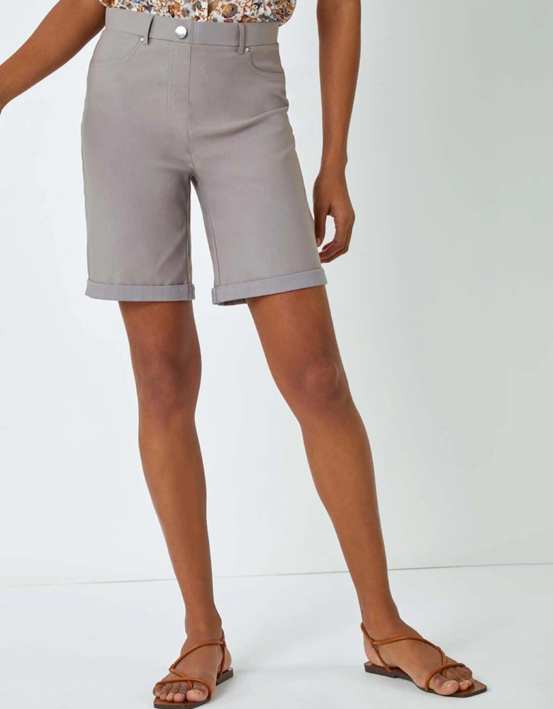 Elastic Waist Turn Up Stretch Shorts - Taupe