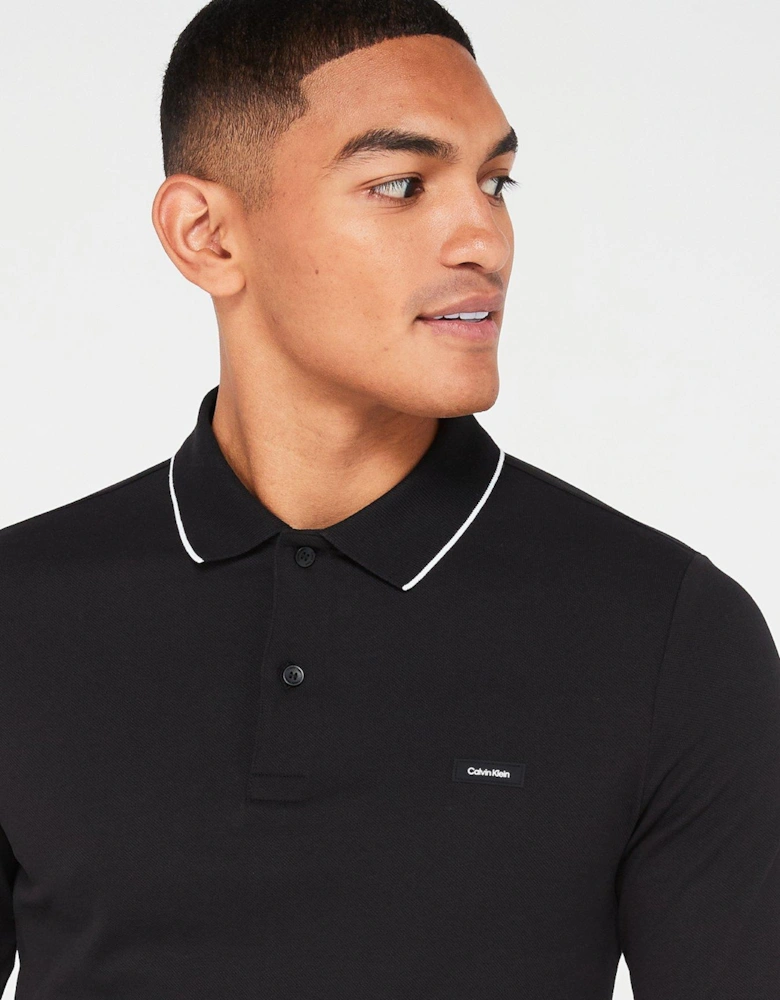 Stretch Pique Tipping Long Sleeve Polo Shirt - Black