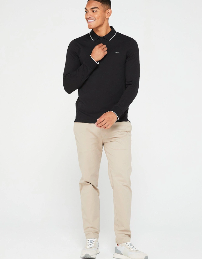 Stretch Pique Tipping Long Sleeve Polo Shirt - Black
